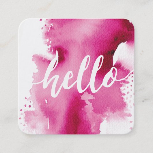 Carte De Visite Carré MODERNE HELLO SCRIPT arty aquarelle splash rose (Devant)