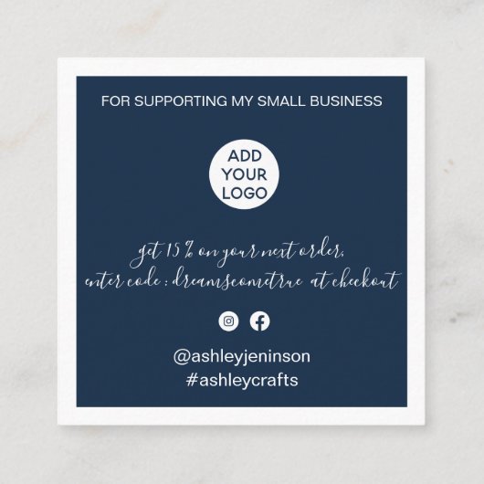 Carte De Visite Carré Moderne merci script commander marine minimum bleu (Dos)