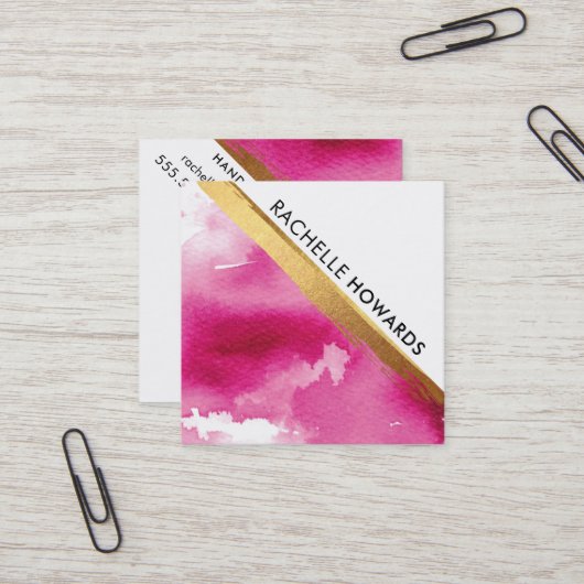 Carte De Visite Carré MODERNE MINIMAL ANGLE rose aquarelle or brosse (Devant/Arrière en situation)