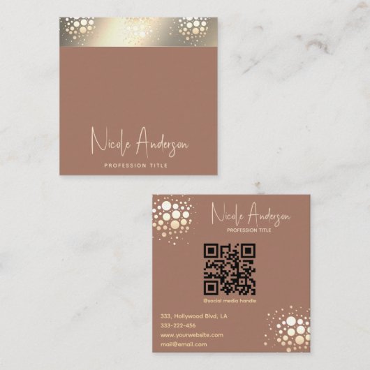 Carte De Visite Carré Moderne Mocha Mousse luxueux confetti en or QR cod (Devant / Derrière)