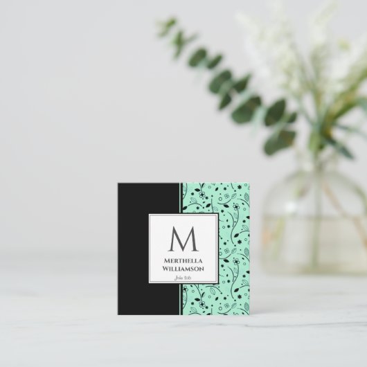 Carte De Visite Carré Moderne MONOGRAM Neo Mint Black Floral (Debout devant)