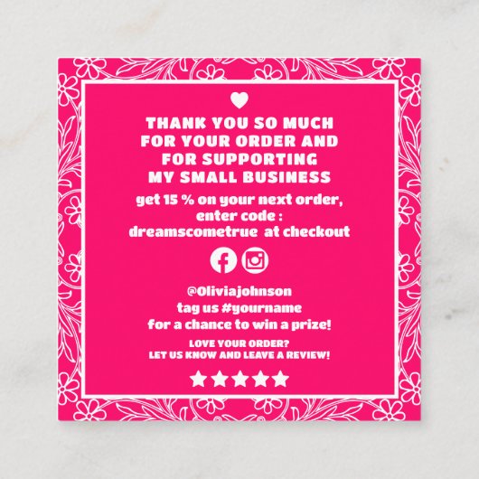 Carte De Visite Carré Moderne rose floral code QR Commandez merci (Dos)