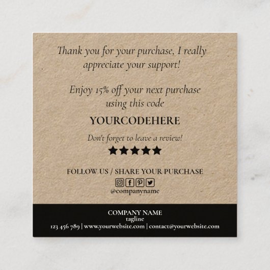 Carte De Visite Carré moderne script coeur merci pour votre commande (Dos)