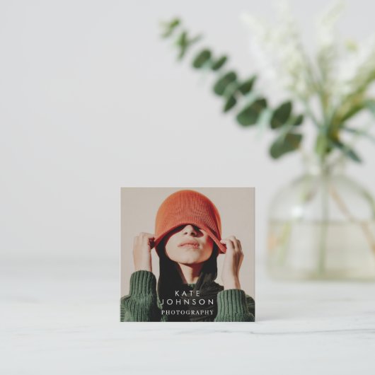 Carte De Visite Carré Moderne Tendance photo intégrale QR Code Médias so (Debout devant)