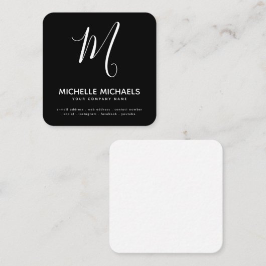 Carte De Visite Carré MODIFIER COULEUR Miniature Monogramme Script noir  (Devant / Derrière)