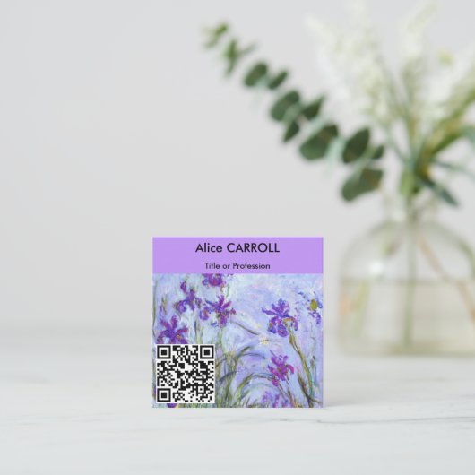 Carte De Visite Carré Monet - Lilac Irises / Iris Mauves - Code QR (Debout devant)