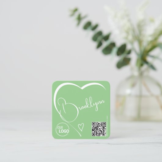 Carte De Visite Carré Monnaie verte blanche Beau coeur Logo Code QR (Debout devant)