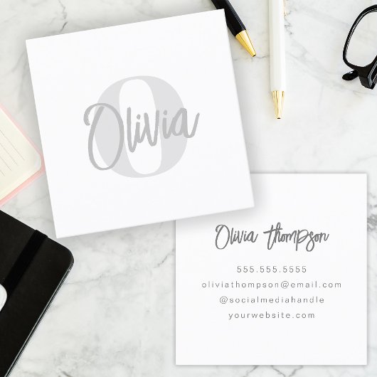 Carte De Visite Carré Monochrome moderne blanc tendance Script Monogramm