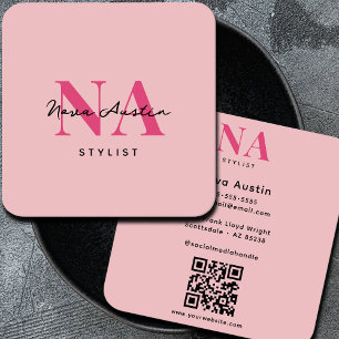 Carte De Visite Carré Monogram Luxe Tendance esthétique Hot Pink QR Code