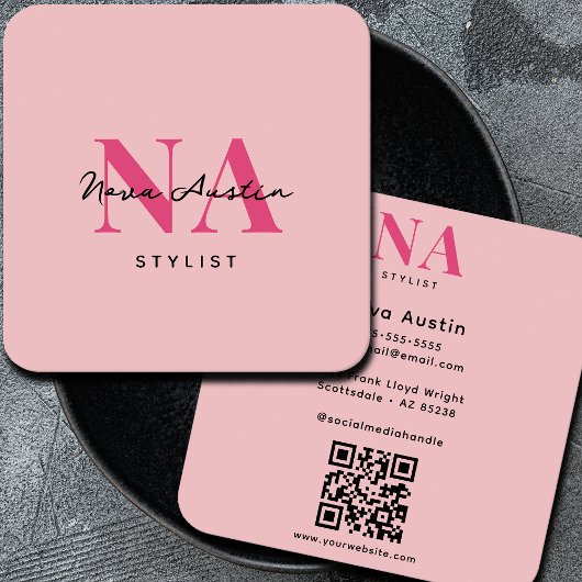 Carte De Visite Carré Monogram Luxe Tendance esthétique Hot Pink QR Code