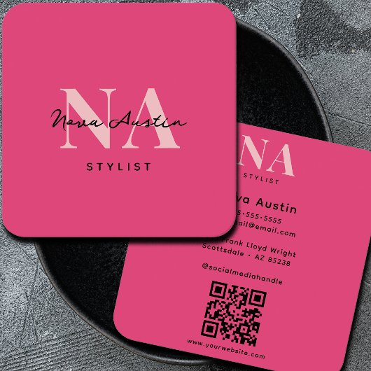 Carte De Visite Carré Monogram Luxe Tendance esthétique Hot Pink QR Code