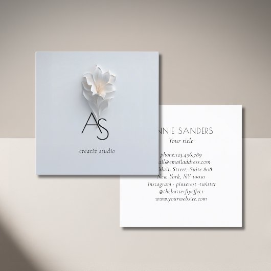 Carte De Visite Carré Monogram Minimalist Floral White Blue