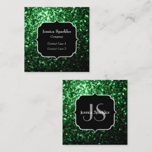 Carte De Visite Carré Monogramme à paillettes fausses vert foncé