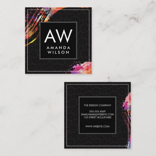 Carte De Visite Carré Monogramme Aquarelle broyée Motif (Devant / Derrière)