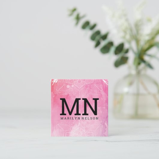 Carte De Visite Carré Monogramme | Arrière - plan d'aquarelle d'impressi (Debout devant)