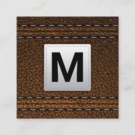 Carte De Visite Carré Monogramme | Arrière - plan en cuir (Devant)
