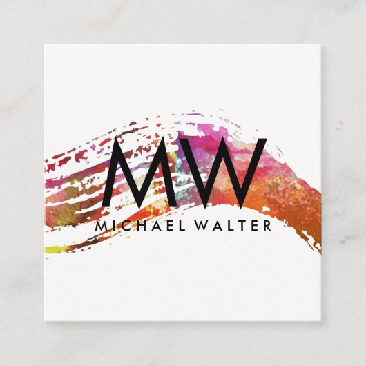 Carte De Visite Carré Monogramme avec aquarelle moderne brossé (Devant)