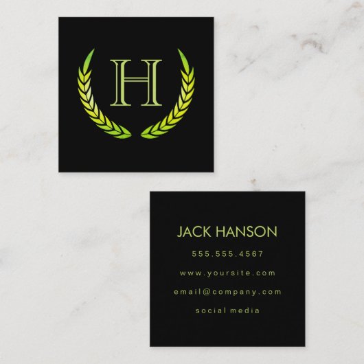 Carte De Visite Carré Monogramme avec éléments (vert) (Devant / Derrière)