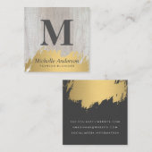 Carte De Visite Carré Monogramme brossé en or Faux | Grain de bois (Devant / Derrière)