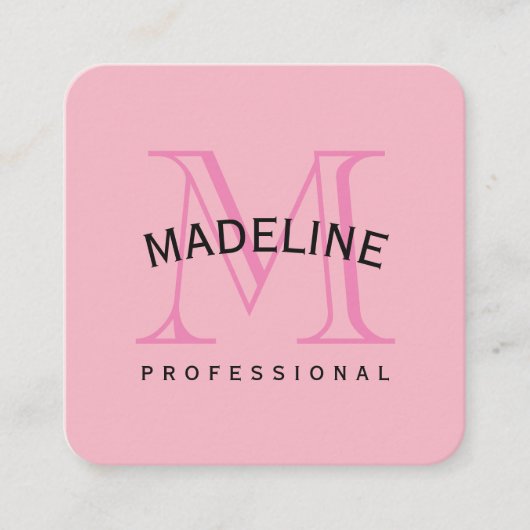 Carte De Visite Carré Monogramme classique rose avec texte en arc (Devant)