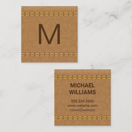 Carte De Visite Carré Monogramme | Cuir Tan Double Trait (Devant / Derrière)