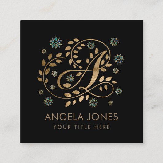 Carte De Visite Carré Monogramme de luxe Golden Calligraphy avec lettre  (Devant)