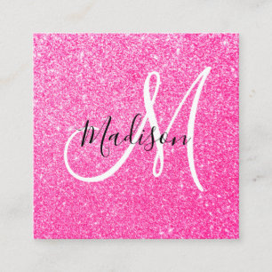 Carte De Visite Carré Monogramme de Parties scintillant rose-chaud Girly