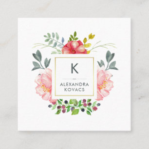 Carte De Visite Carré Monogramme de pivoine aquarelle tendance