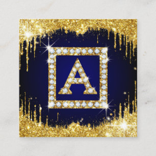 Carte De Visite Carré Monogramme doré initial A avec paillettes bleues