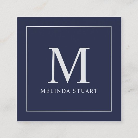 Carte De Visite Carré Monogramme élégant bleu marine et argent (Devant)