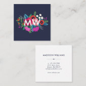 Carte De Visite Carré Monogramme floral de bouquet boho vibrant (Devant / Derrière)