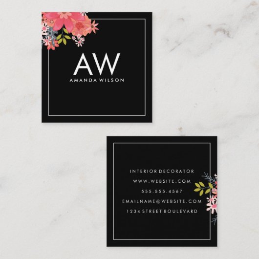 Carte De Visite Carré Monogramme Floral Design (Devant / Derrière)