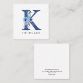 Carte De Visite Carré Monogramme floral K Flores bleues hivernales (Devant / Derrière)