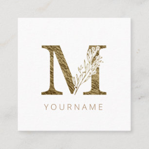 Carte De Visite Carré Monogramme floral M Élégant alliage d'or