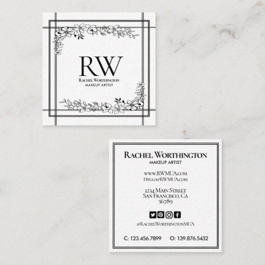Carte De Visite Carré Monogramme floral noir et blanc (Devant / Derrière)