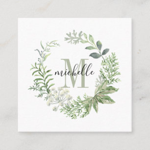 Carte De Visite Carré Monogramme floral personnalisé Feuilles forestiers