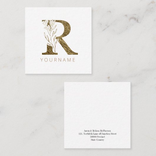 Carte De Visite Carré Monogramme floral R Élégant alliage d'or (Devant / Derrière)