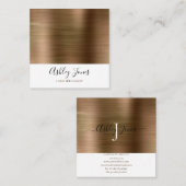 Carte De Visite Carré Monogramme métallique brossé à l'or Élégant Script (Devant / Derrière)