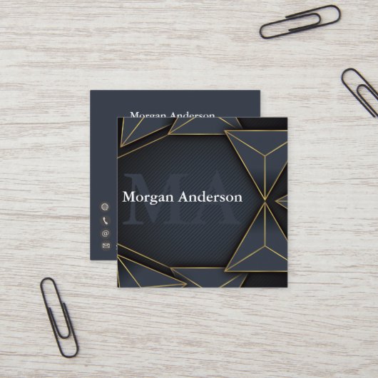 Carte De Visite Carré Monogramme minimal moderne et polygone métallique  (Devant/Arrière en situation)