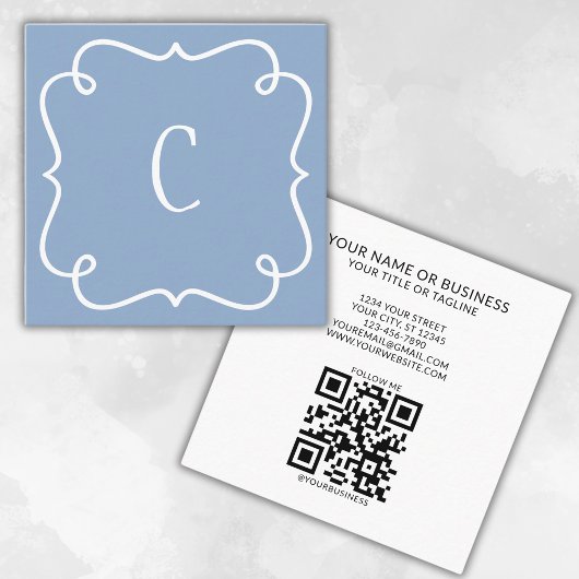 Carte De Visite Carré Monogramme minimal tendance unique bleu QR Code