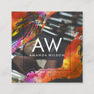 Carte De Visite Carré Monogramme Moderne Aquarelle Pinceaux de maquillag