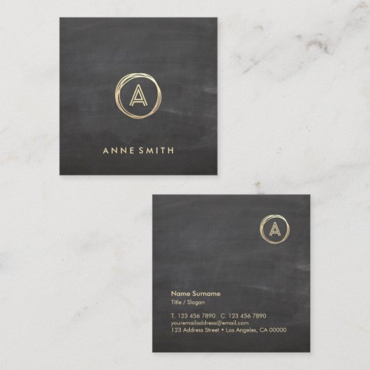Carte De Visite Carré Monogramme moderne Chalkboard Luxe Gold Circle (Devant / Derrière)