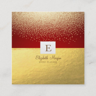 Carte De Visite Carré Monogramme Moderne Élégant Or Confettis, Rouge
