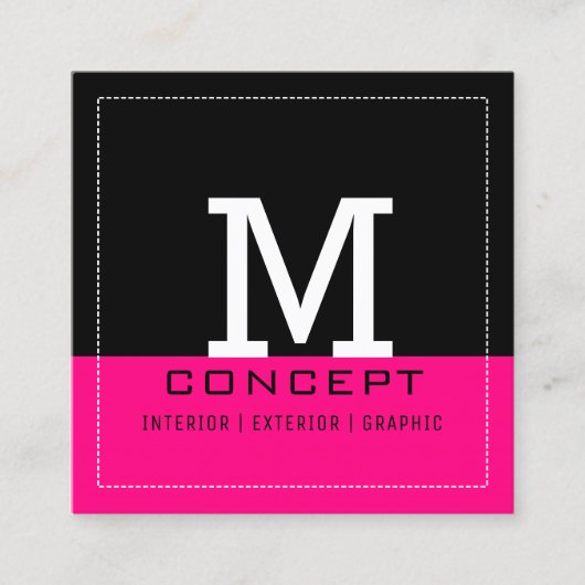 Carte De Visite Carré Monogramme moderne noir brillant rose (Devant)