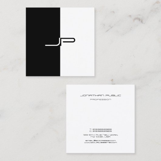 Carte De Visite Carré Monogramme noir blanc tendance initial élégant mod (Devant / Derrière)
