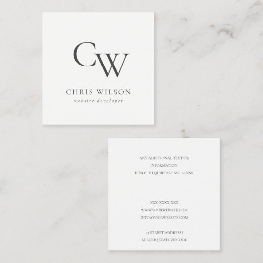 Carte De Visite Carré Monogramme noir et blanc minimal initial (Devant / Derrière)