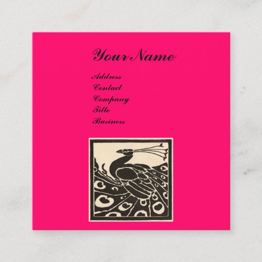 CARTE DE VISITE CARRÉ MONOGRAMME PAON NOIR BLANC ÉLÉGANT ROSE CHAUD (Devant)