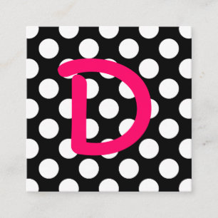 Carte De Visite Carré Monogramme rose vif à pois noir et blanc