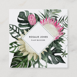 Carte De Visite Carré Monstère tropicale Feuille Aquarelle Protea Flower