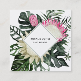 Carte De Visite Carré Monstère tropicale Feuille Aquarelle Protea Flower